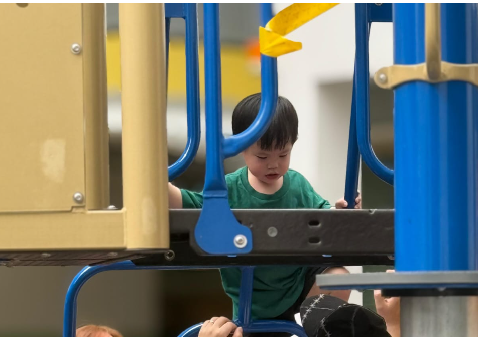 Child in green shirt climbing playground structure with blue bars and a yellow flag above.